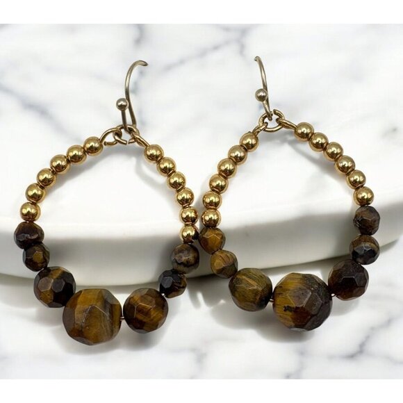 Brown Faux Tiger Eye Beaded Dangle Earrings Retro Teardrop Earth Tones - Picture 1 of 6